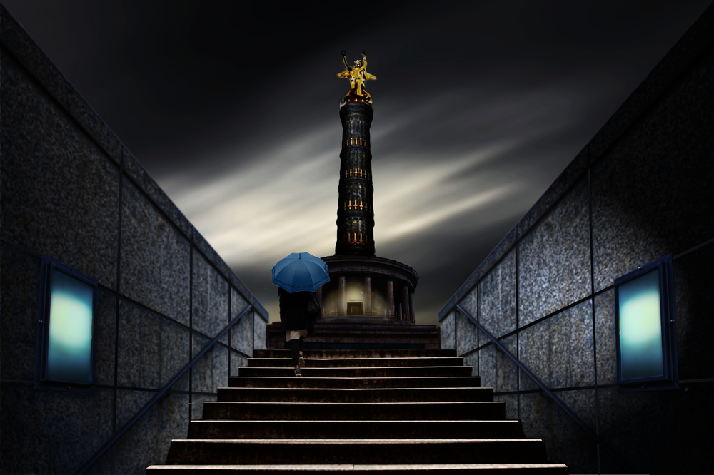 Blue Umbrella City Ascent by Pierre Bacus — canvas wall art