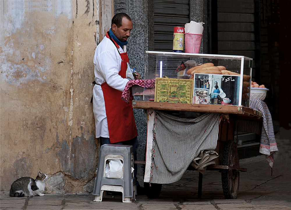 Street Vendor And Cat by Aliza Riza — canvas wall art