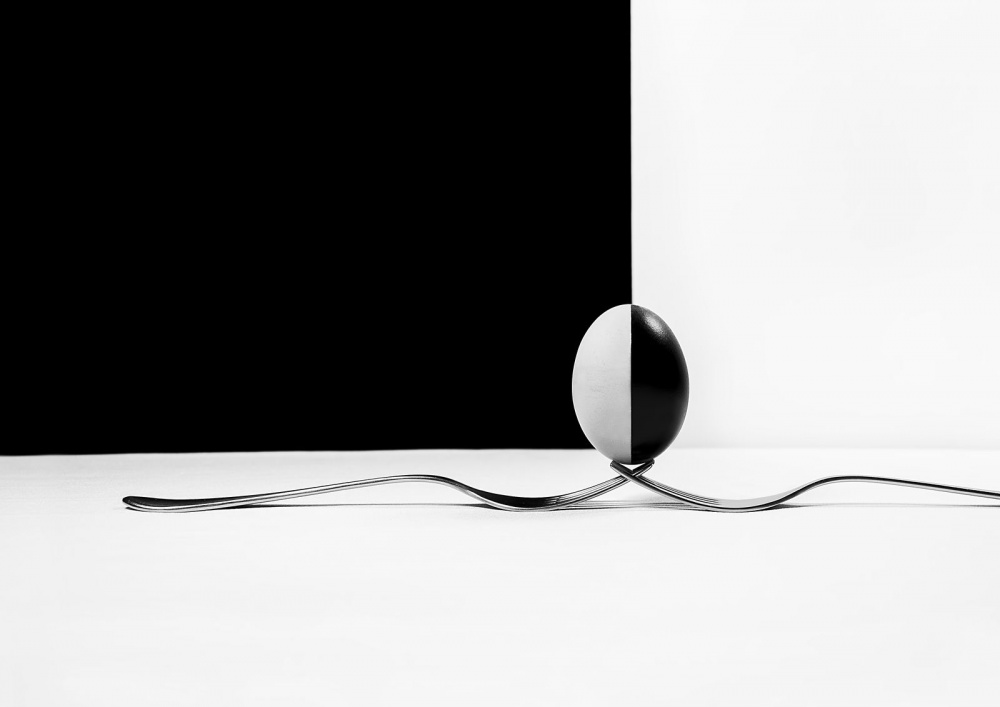 Monochrome Egg Balance by Jozef Kiss — canvas wall art