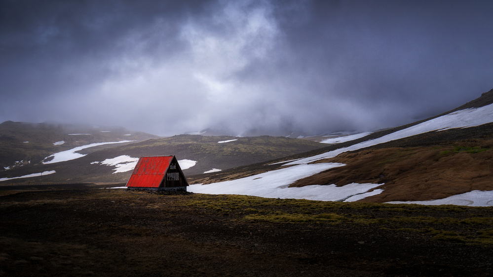 Lonely Red Cabin by Sus Bogaerts — canvas wall art