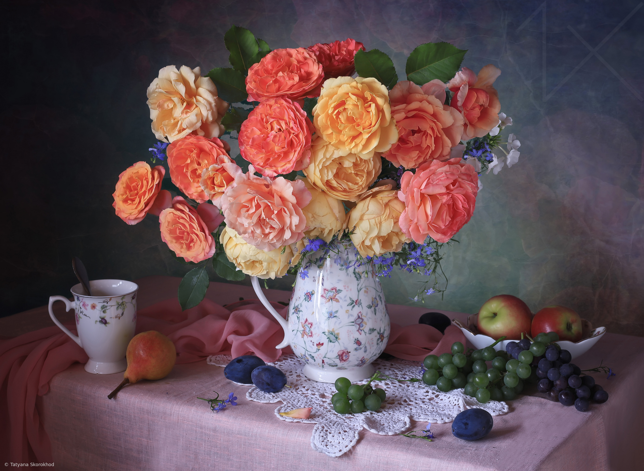 Still life with a bouquet of garden roses and fruits by Tatyana Skorokhod