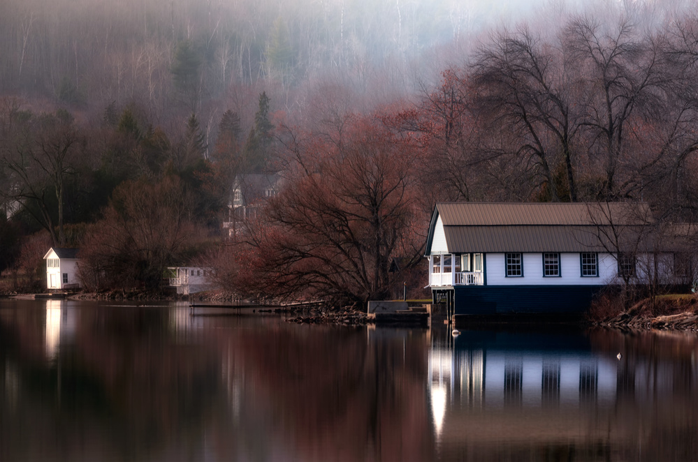 Misty Lake Boathouse by Zoran Dujic LightHunter — canvas wall art
