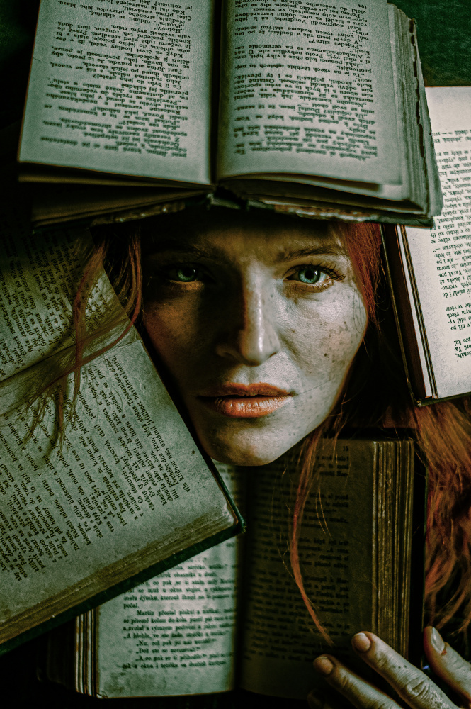 Redhead Among Books by Barbora Biňovcová — canvas wall art