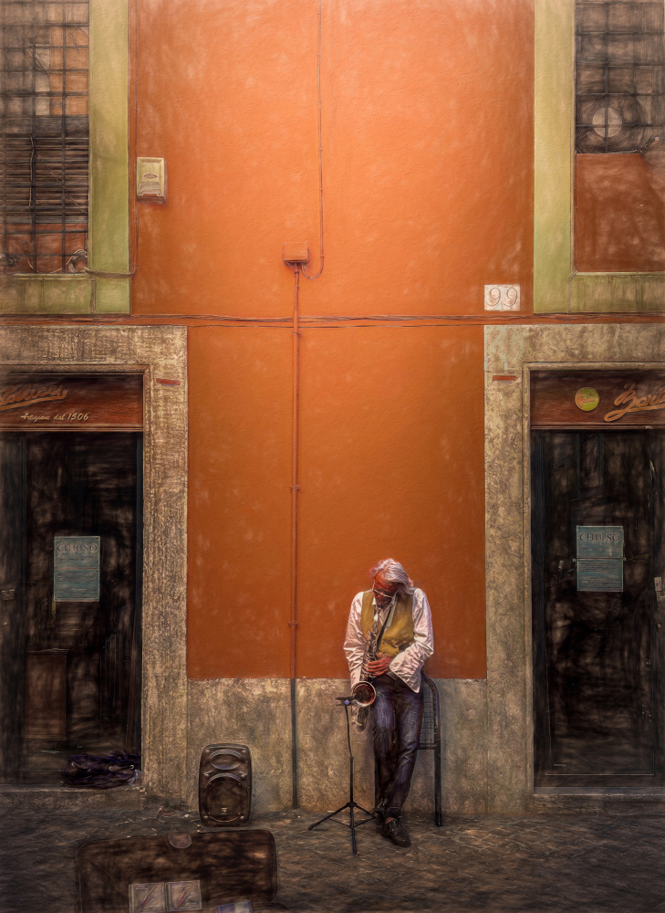 Street Saxophonist Serenade by Mia Meng — canvas wall art