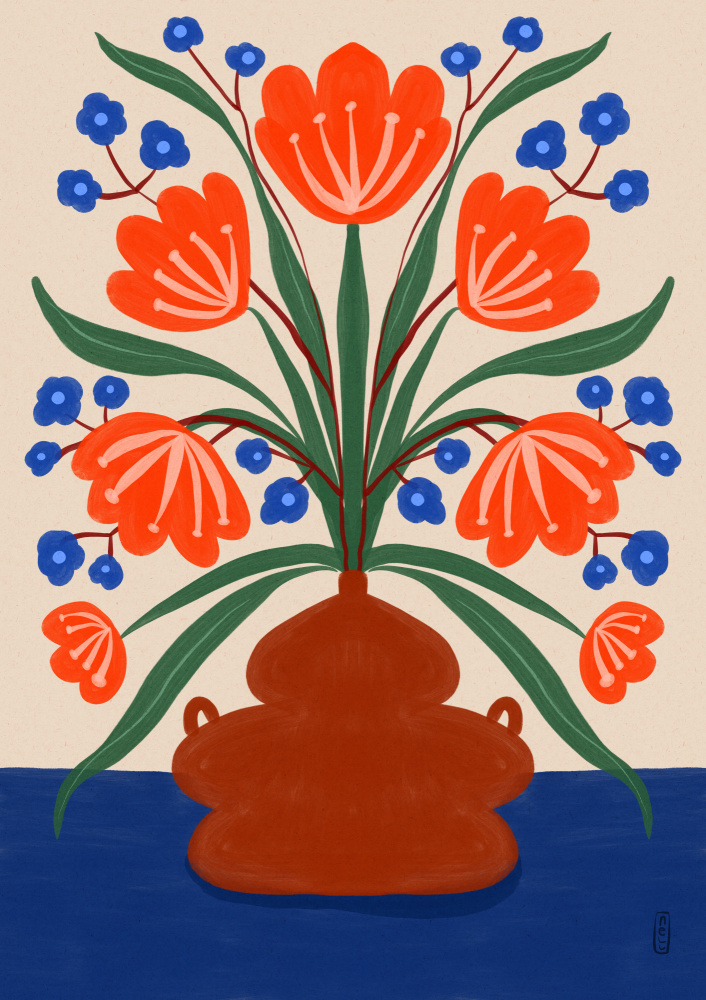 Vibrant Floral Terracotta Vase by Dirkie Nell — canvas wall art
