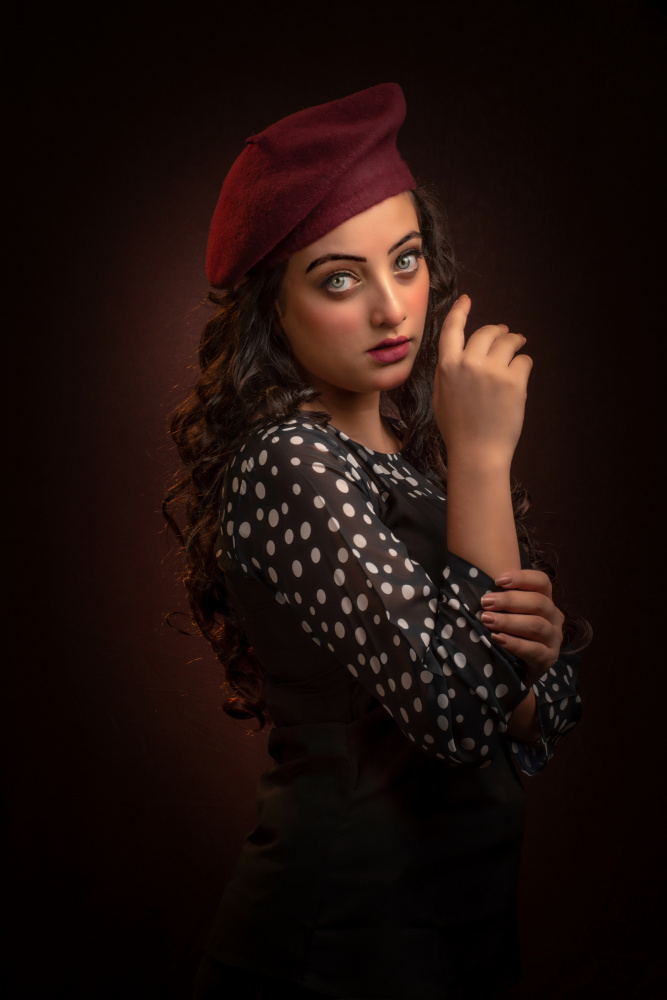 Elegant Woman Maroon Beret by DEBASISH CHATTOPADHYAY — canvas wall art