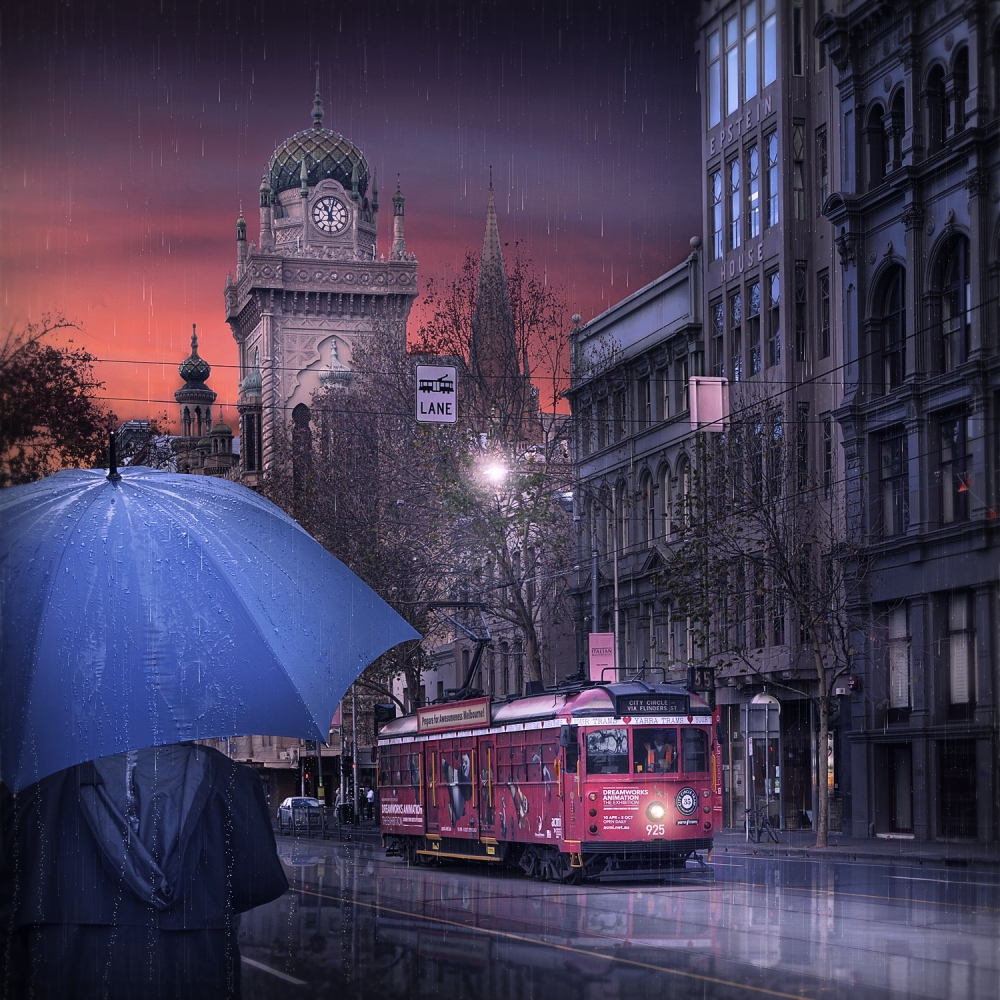 Rainy City Tram by Adrian Donoghue — canvas wall art