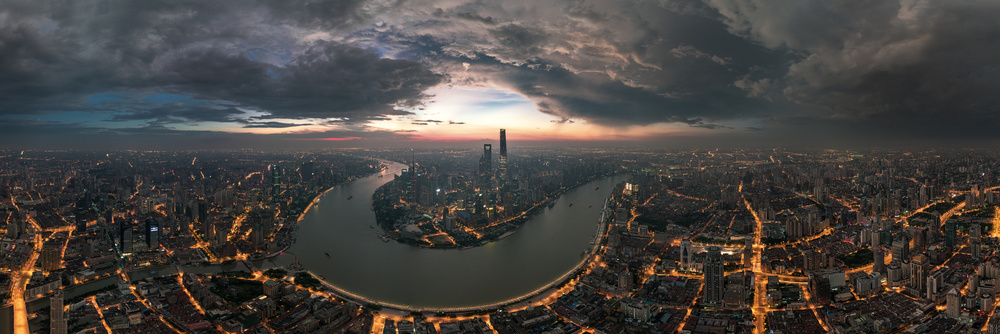 Shanghai City Lights Panorama by Stan Huang — canvas wall art