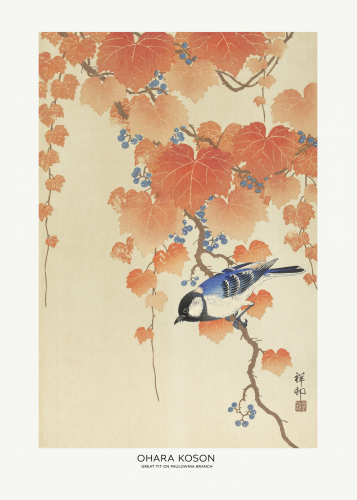 Great Tit On Paulownia Branch by Ohara Koson — canvas wall art