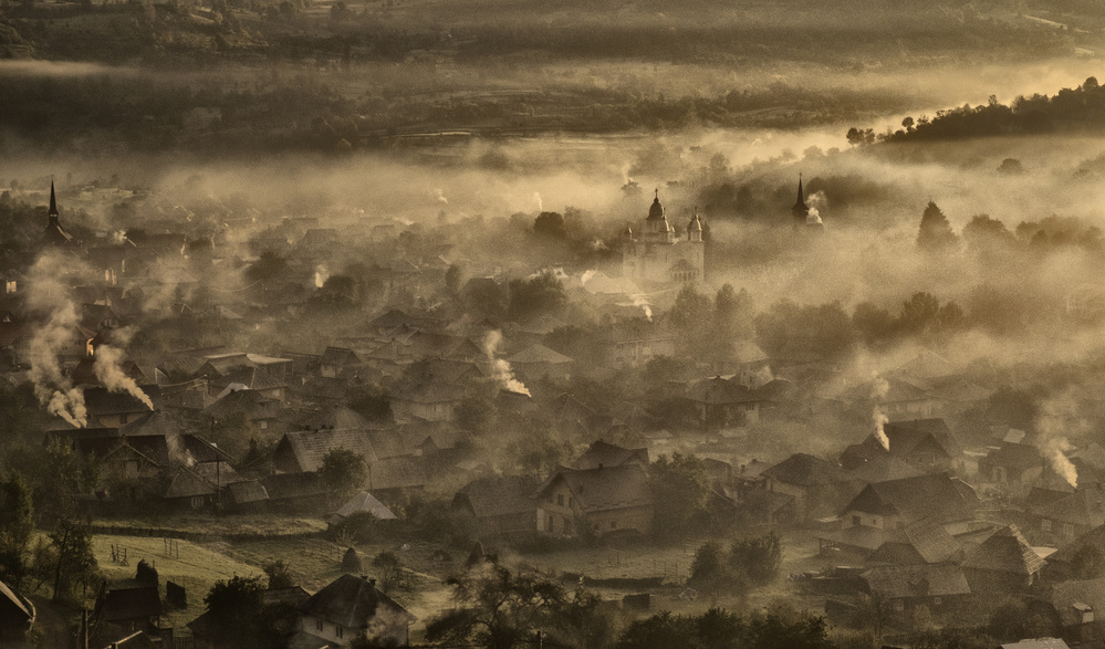 Misty Morning Village by Andrei Nicolas - The Traveler — canvas wall art