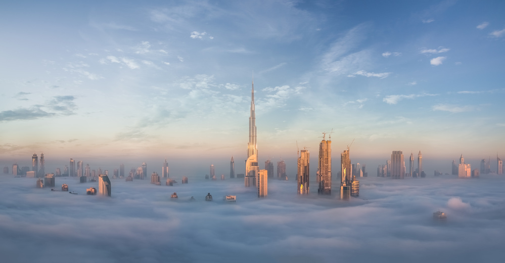 Misty Dubai Skyscrapers by Khalid Jamal — canvas wall art