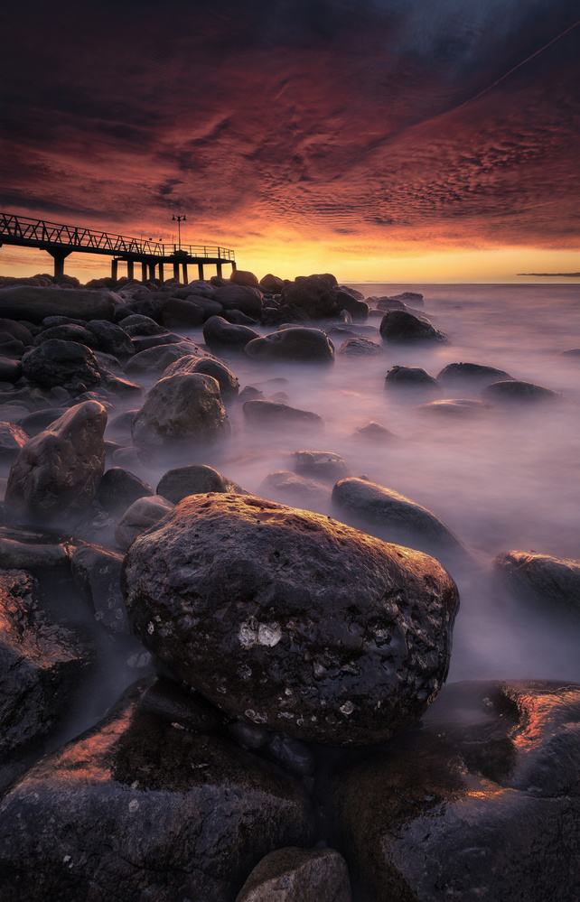 Misty Ocean Pier Sunset by Anto Camacho — canvas wall art