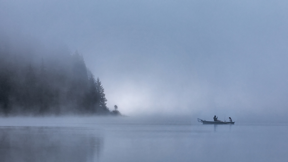 Misty Lake Fishing Morning by Uschi Hermann — canvas wall art