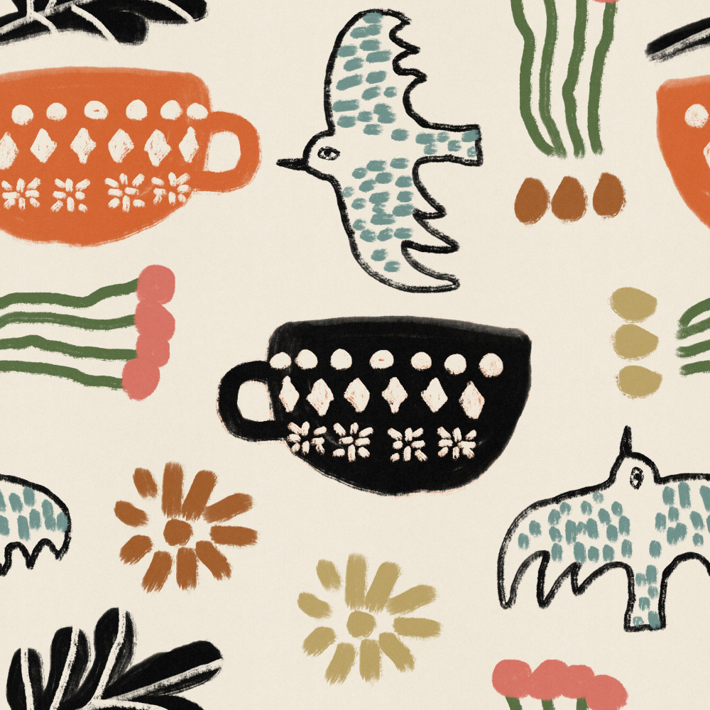 Nordic Folk Cups And Birds by Raipa Studio — canvas wall art