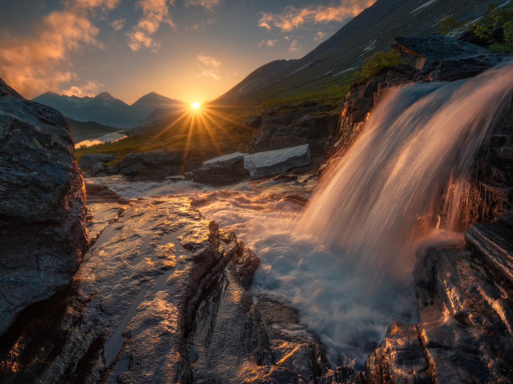 Golden Waterfall Sunset by Ole Henrik Skjelstad — canvas wall art