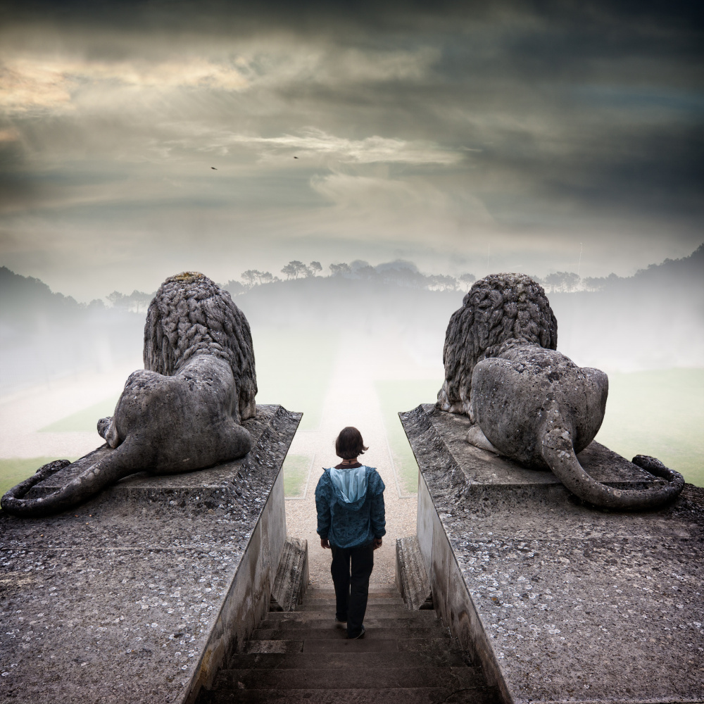 Stone Lions Misty Path by Angel Villalba — canvas wall art