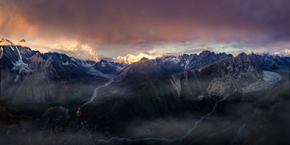 Mountain Hiker At Sunrise by qiye — canvas wall art