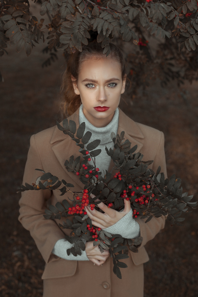 Autumn Woman with Berries by marinastudio — canvas wall art