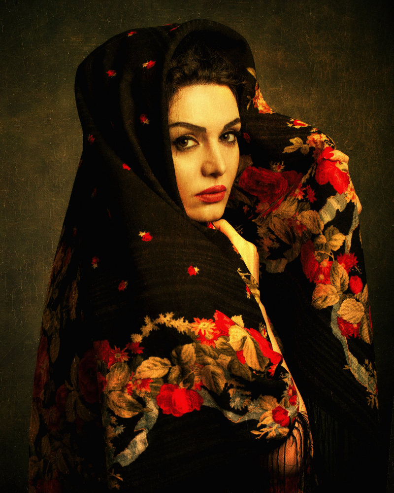 Mysterious Woman Floral Shawl by Mehdi Mokhtari — canvas wall art
