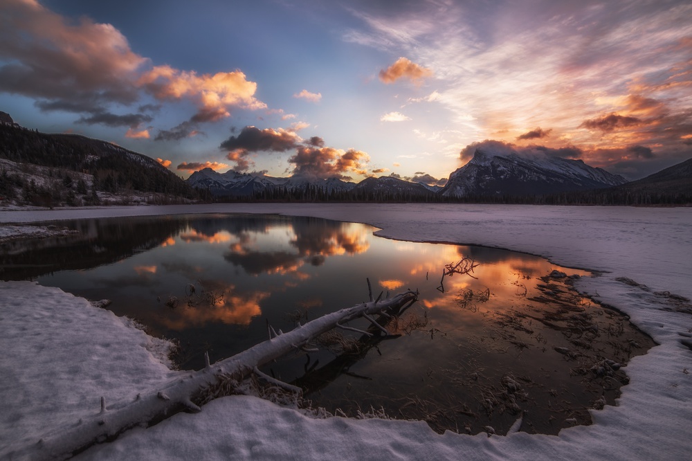 Winter Mountain Lake Sunset by Atul Chopra — canvas wall art