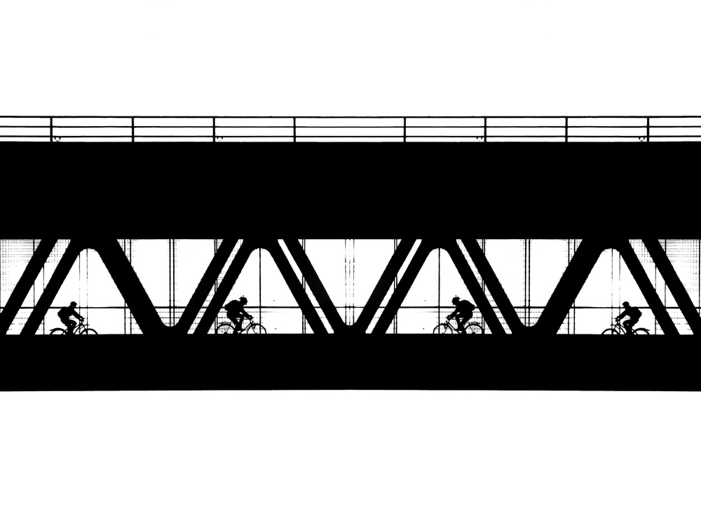 Bridge Cyclists Silhouette by Hans Peter Rank — canvas wall art