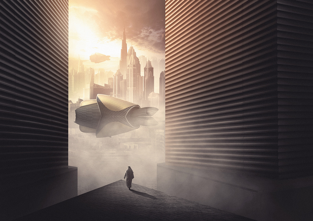 Golden Future Traveler by Hussain Buhligaha — canvas wall art