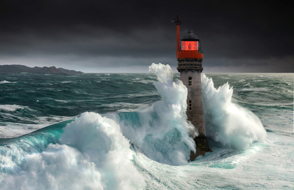 Stormy Lighthouse Waves by Pierre Bacus — canvas wall art