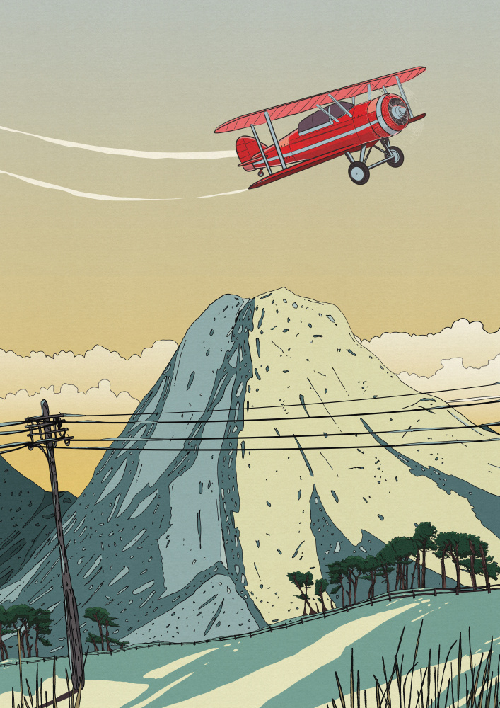 Red Biplane Mountain Flight by Nicholas — canvas wall art