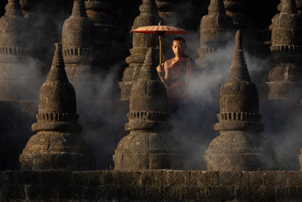 Spiritual Monk Amidst Pagodas by Clas Gustafson PRO — canvas wall art