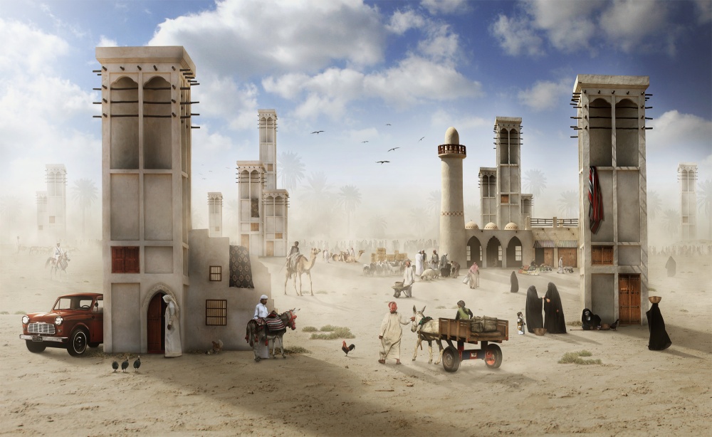 Desert Market Town by Hussain Buhligaha — canvas wall art