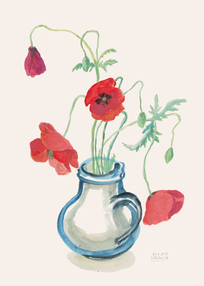 Red Poppies Blue Vase by Catalina Somolinos — canvas wall art