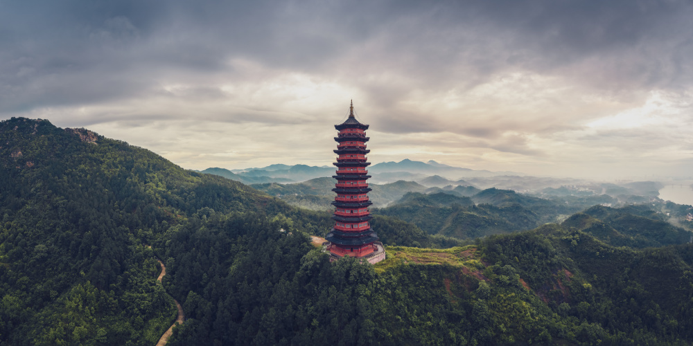 Misty Mountain Pagoda by qiye — canvas wall art