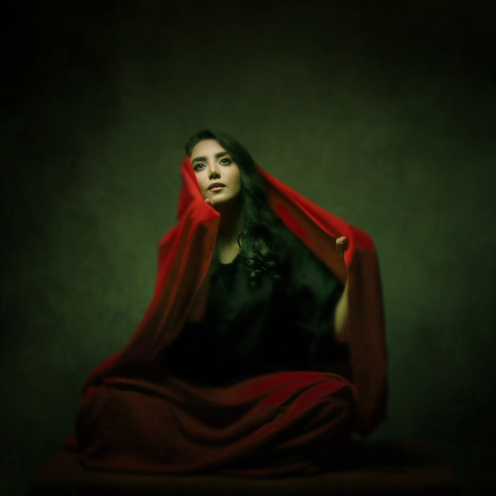 Mysterious Woman Red Drape by Moein Hasheminasab — canvas wall art