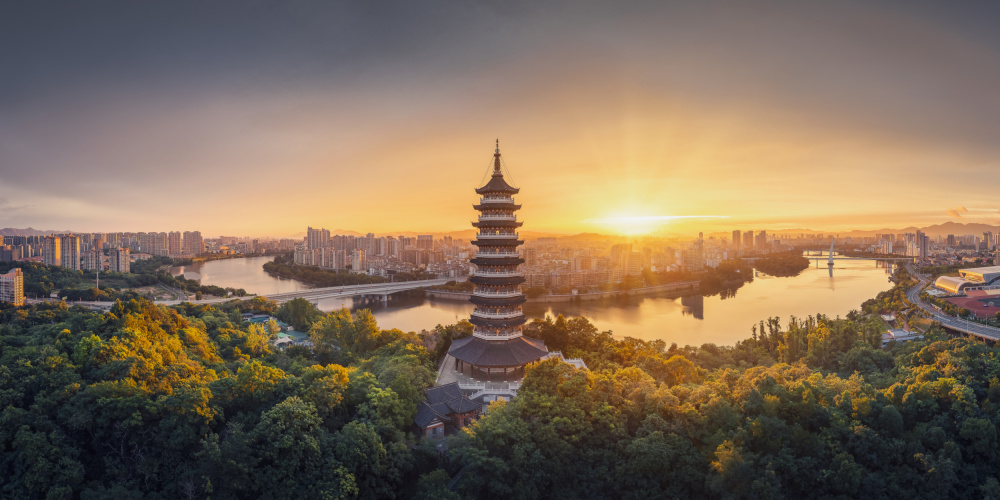 Golden Pagoda Sunset by qiye — canvas wall art