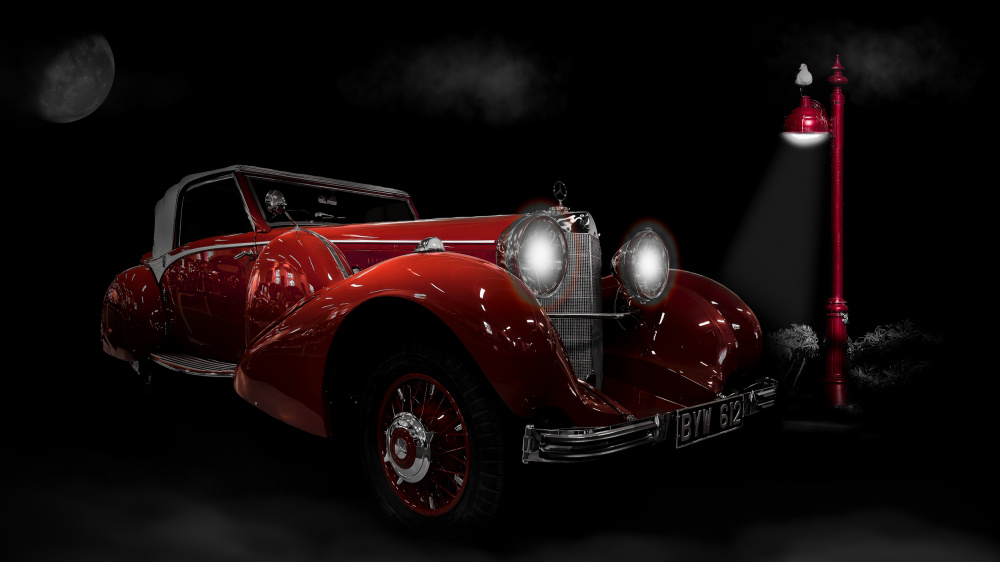 Red Vintage Car Night by Peter Schade — canvas wall art
