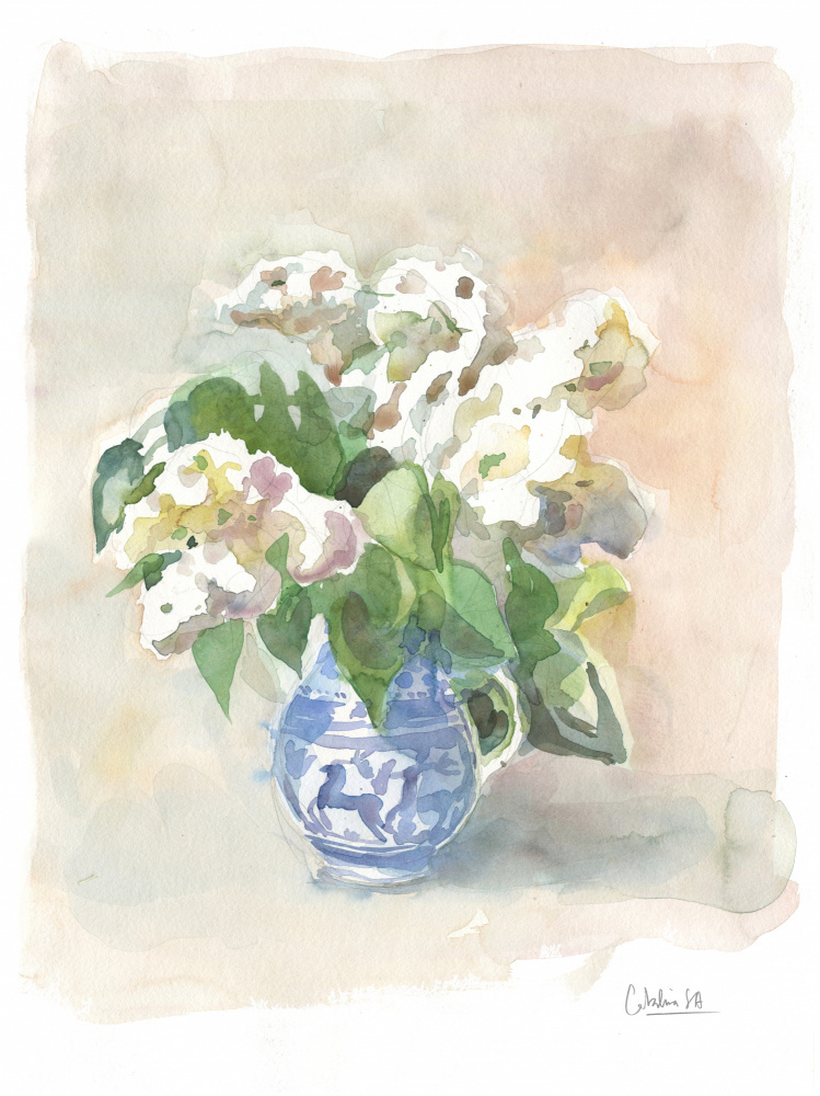 Soft White Flowers Blue Pitcher by Catalina Somolinos — canvas wall art