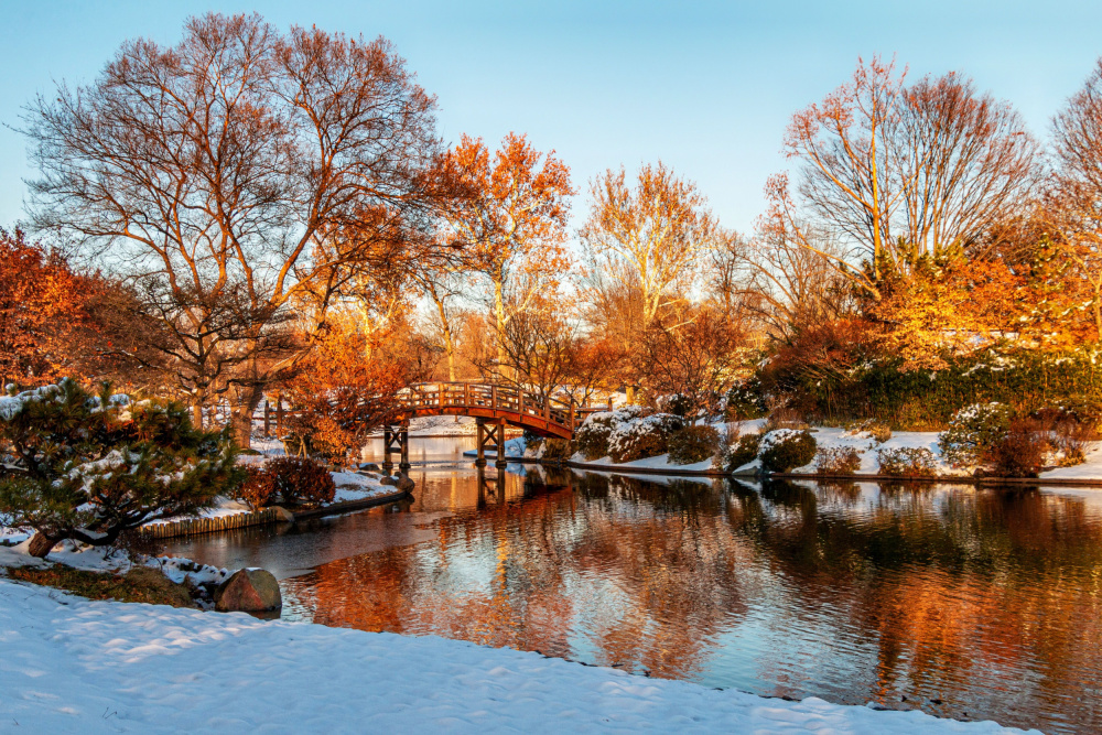 Snowy Garden With Footbridge by GuruShots — canvas wall art