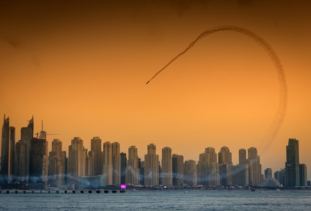 City Skyline Sunset Flight by ATTILA SZABO — canvas wall art