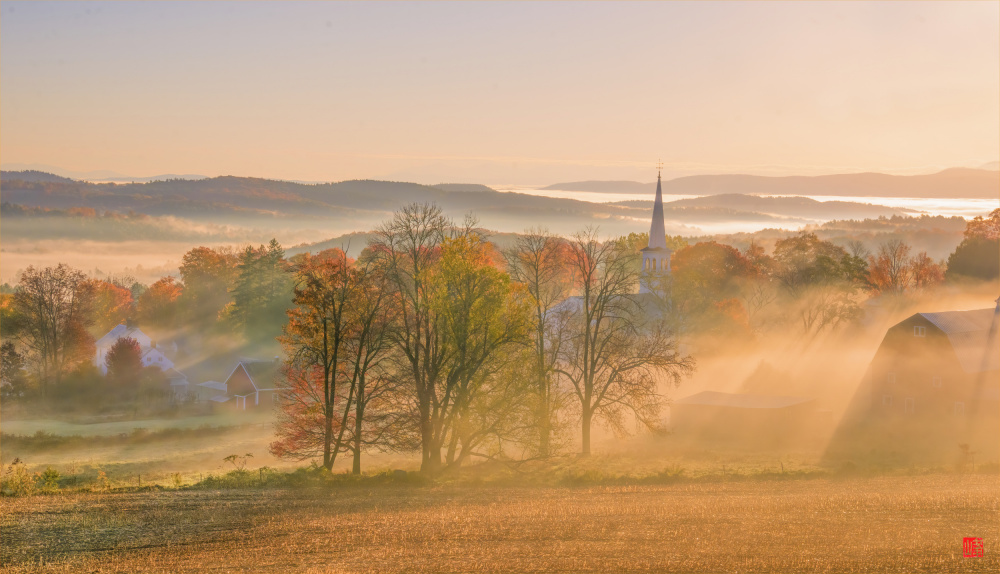 Misty Autumn Morning Church by Feng Qin — canvas wall art