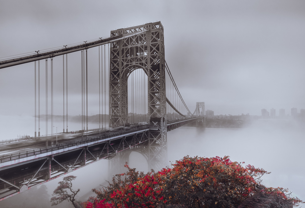 Misty Bridge Red Leaves by Wei (David) Dai — canvas wall art