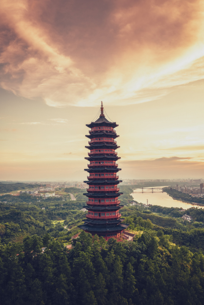 Golden Pagoda Sunset by qiye — canvas wall art