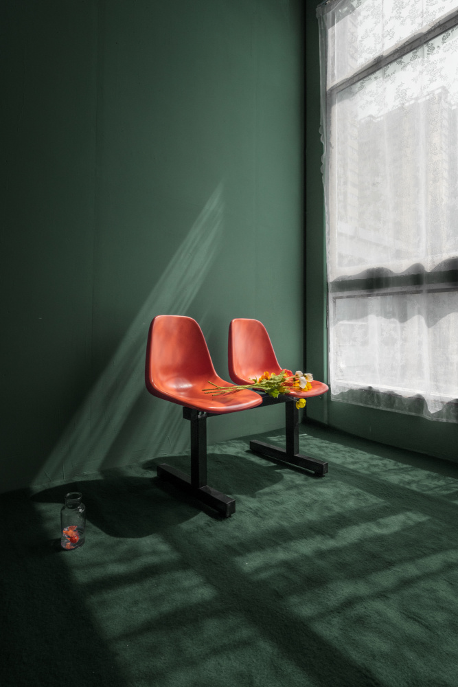 Orange Chairs Green Room by Xiaopeng Guan — canvas wall art