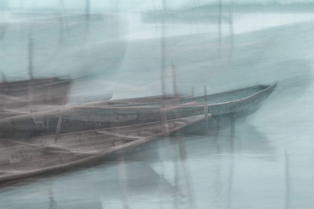 Misty Boats on Water by Florent Dirk Thies — canvas wall art