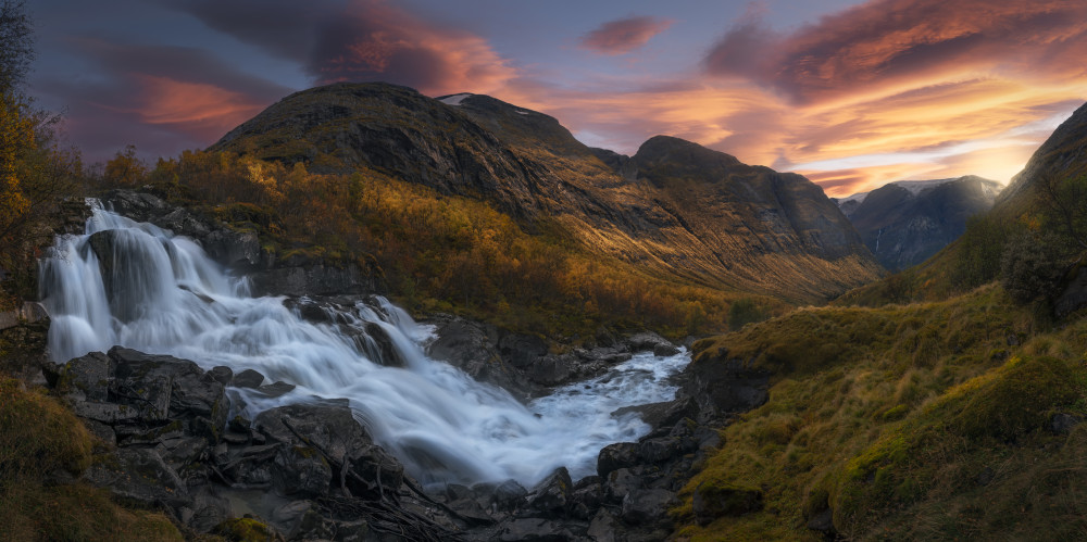 Golden Autumn Mountain Falls by Ole Henrik Skjelstad — canvas wall art