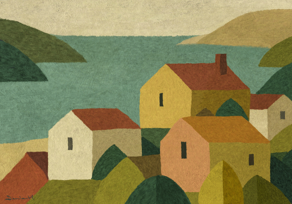 Tranquil Coastal Village by Dan Hobday — canvas wall art