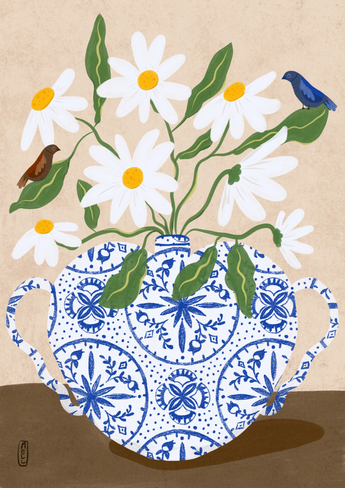 Daisies In Blue Teapot by Dirkie Nell — canvas wall art