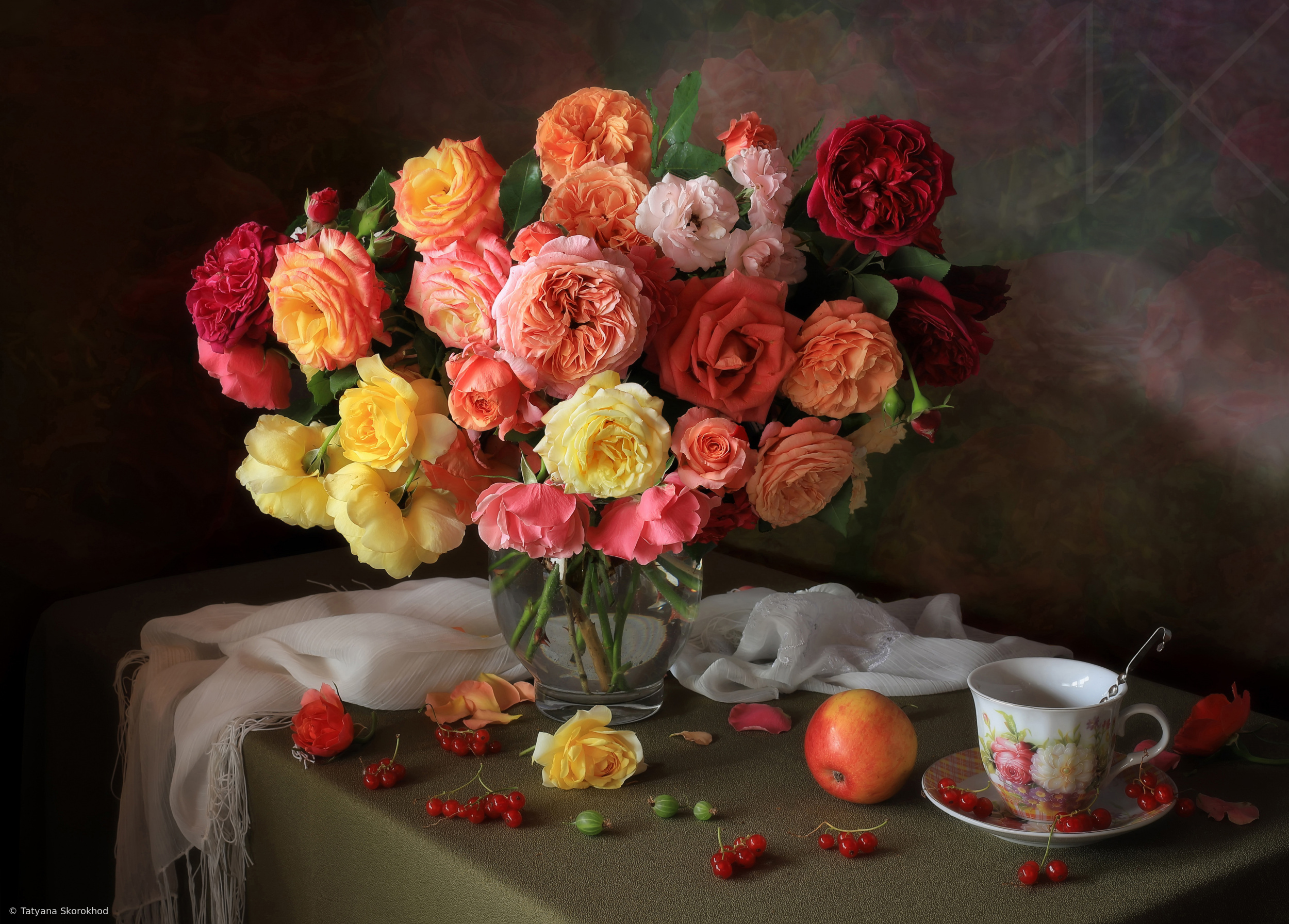 Still life with a bouquet of garden roses and fruits by Tatyana Skorokhod