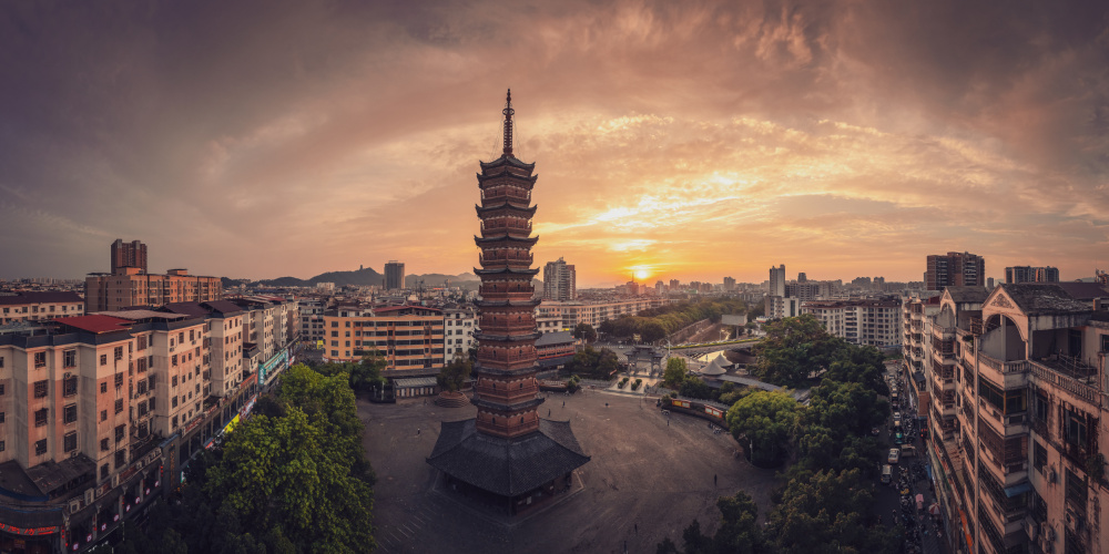 Golden Hour Pagoda City by qiye — canvas wall art