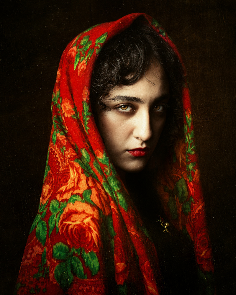 Intense Portrait Red Scarf by Mehdi Mokhtari — canvas wall art