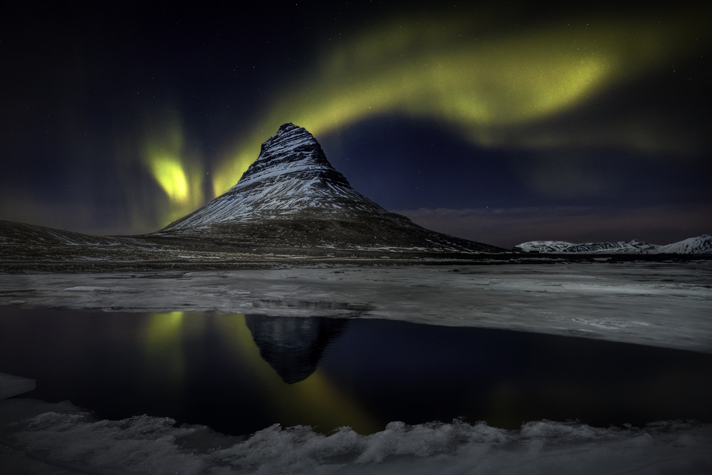 Northern Lights Mountain Reflection by Rodrigo Núñez Buj — canvas wall art